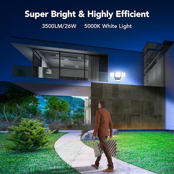 OREiN Motion Sensor Outdoor Flood Light 26W 3500LM LED Security Light 240° 40FT Detection Dusk to Dawn/Auto/Test Modes IP65 Waterproof for Garage Yard Porch Driveway (Hardwired)