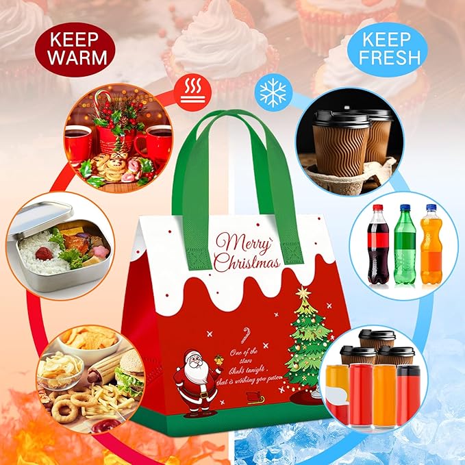 Kacctyen 50 Pcs Christmas Insulated Bags for Food Delivery Holiday Thermal Gift Bags for Cookie Bakery Cold and Hot Food Xmas Take Away Tote Bulk for Christmas Party Catering Restaurant