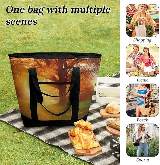 Insulated Shopping BagLarge Reusable Cooler Bags Autumn Sunset Printed Foldable Shopping BagTravel Waterproof Shoulder Bag