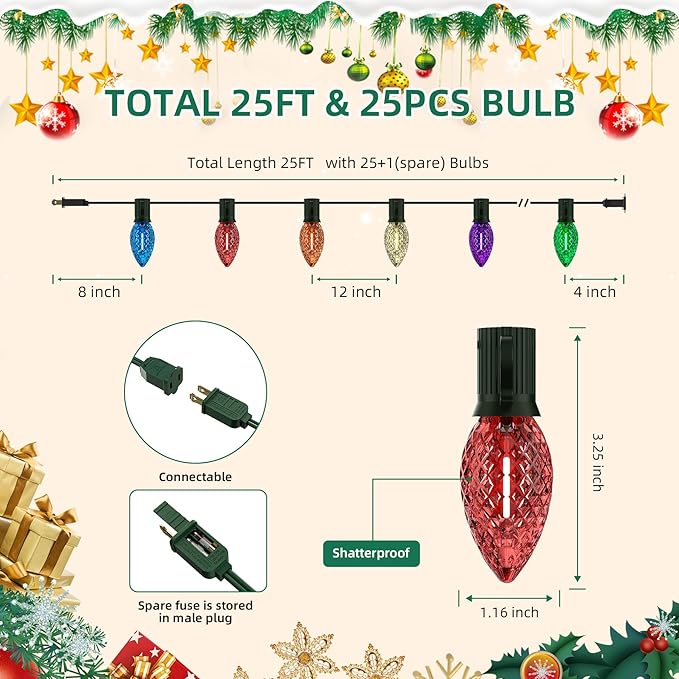 25Ft Christmas Lights Outdoor C9 Multicolor Christmas Lights with 25 Colored LED Bulbs Waterproof Connectable for Holiday Xmas Roofline Wedding Christmas Tree Decoration - Green Wire