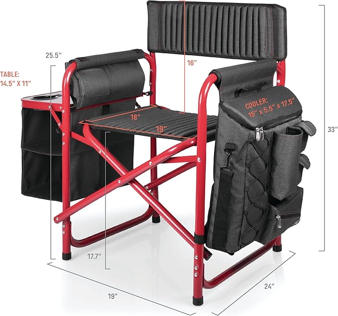 PICNIC TIME Fusion Camping Chair with Side Table and Soft Cooler Outdoor Foldable Padded Camping Chairs with Cup Holder for Lawn Beach &amp Sports Use for Adults (Dark Gray Red Accents)