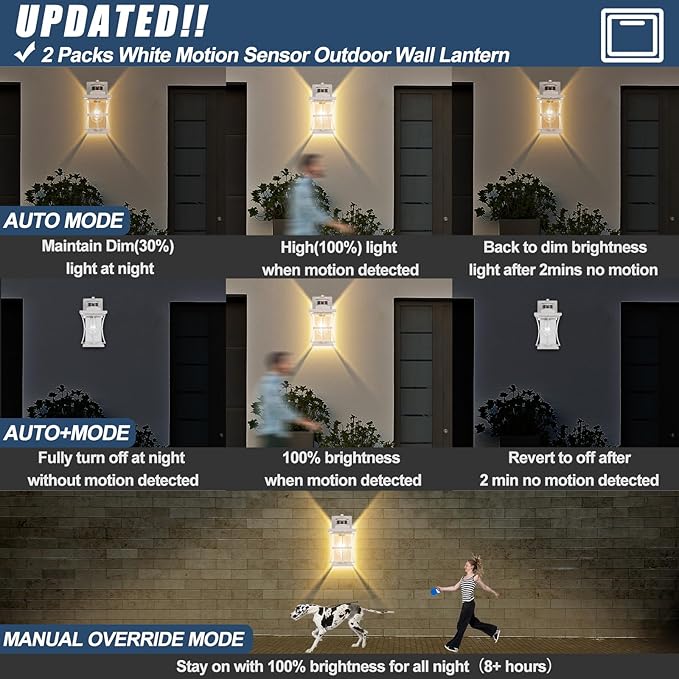 2 Packs White Motion Sensor Outdoor Lights - Advanced Dusk to Dawn Outdoor Lighting Waterproof Exterior Light Wall Mount Fixtures Anti-Rust Porch Outside Lights Wall Sconce for House Garage Square