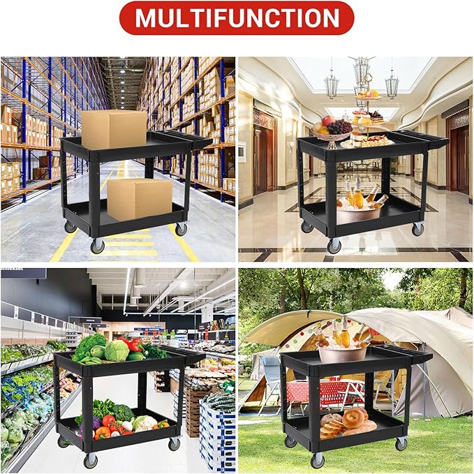 Utility Service Cart with Wheels and Two Trays Service Cart 2-Shelf 500lbs Rolling Utility Cart for Warehouse/Garage/Cleaning/Manufacturing 2 Tier Heavy Duty Uline Tool Cart 45X25 Black