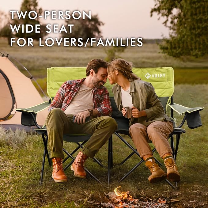 VILLEY Double Camping Chair Extra Wide Loveseat Heavy Duty Padded Camping Couch Portable Folding Camp Chair w/Carry Bag Steel Frame Cup Holders for Camping Lawn Picnic Sports Supports 500 LBS