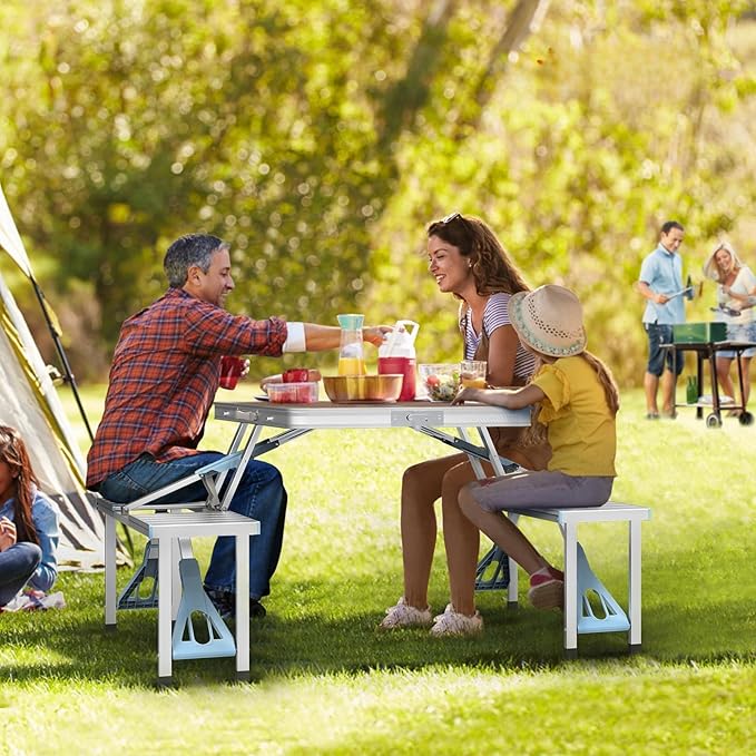 4Ft Folding Camping Picnic Table with 4 Chairs with Umbrella Hole Lightweight Suitcase Card Table-220 Lbs Support Aluminum Frame Plastic RV Tabletop for Outdoor Party Beach and Backyard