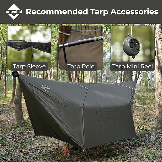 onewind 12×10 ft Hammock Tarp Ultralight Tarp Silnylon Hammock Rain Fly Lightweight Waterproof Camping Tent Tarp with Doors Easy to Setup with Stuff Sack Tent Stakes OD Green