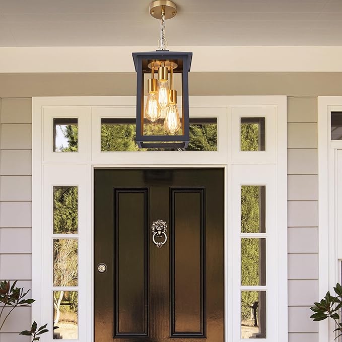 3-Lights Large Outdoor Pendant Light with Clear Glass17Inch Ht Exterior Hanging Lantern with Textured BlackSuit for Damp LocationsEasily Installed on Your Porch &amp Patio Yard Garden.
