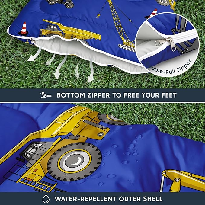 Wake In Cloud - Kids Sleeping Bag for Boys Toddlers Camping in Warm Cold Weather Backpacking Lightweight Compact Outdoor Liner for 3 Seasons Summer Spring Fall Excavator Blue