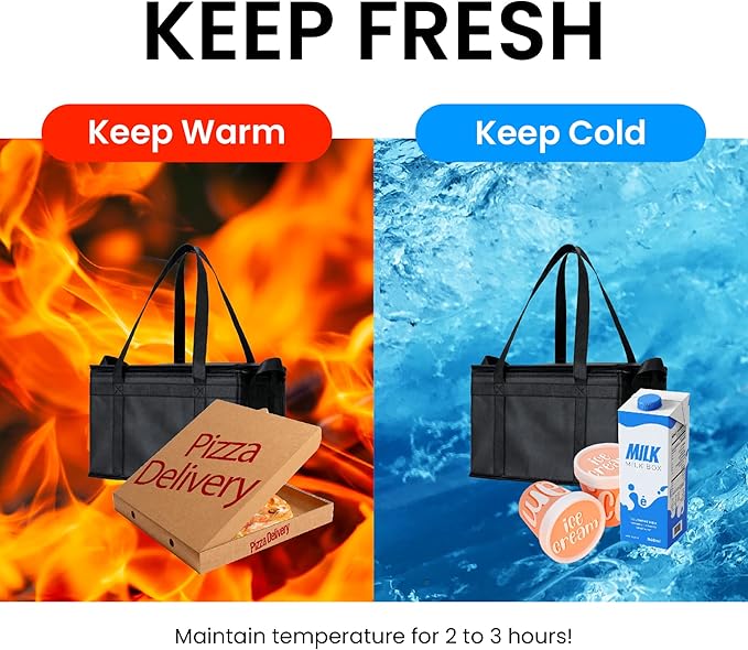 NZ home Insulated Bags for Food Delivery (Large) Grocery Shopping Cooler Bag Pizza Delivery Hot &amp Cold Catering Tote Reusable Foldable &amp Heavy Duty (2 Pack Black)