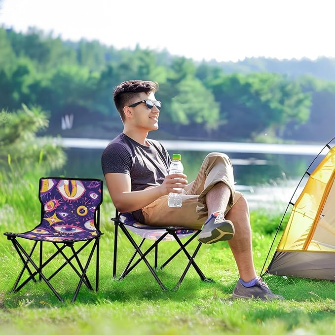 Cartoon Mystery Purple Eyes Folding Foldable Chairs Indoor Lightweight Beach Chair Backpack with Carrying Bag Lawn Chairs for Adults Heavy Duty for Hiking Lawn