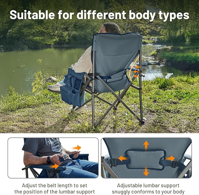 Timber Ridge Oversized Folding Camping Chair with Lumbar Support Adjustable High Back Heavy Duty for Adults Support up to 500lbs with Cup Holder Cooler Bag Side Pocket Blue