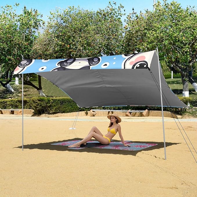 Cute Fat Chubby Panda Bear Sticker Blue Camping Sun Shelter Beach Tent Portable Beach Sun Shade Outdoor Canopy for Camping Trips Fishing Picnic