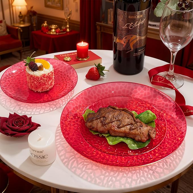 Rubtlamp 60 Pcs Red Plasitc Plates Heavy Duty DisposableClear Red Disposable Plates Hammered Plastic plates Include 30 Dessert Platos 30 Dinner Platos for Party