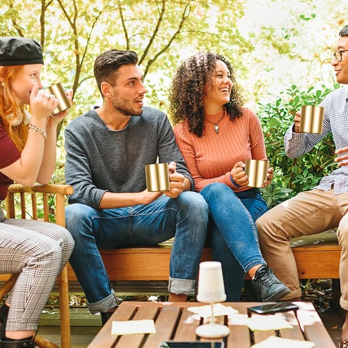 Cunhill 4 Set Small Stainless Steel Coffee Mug 7.5oz/220ml Double Walled Cups Camping Mug with Handle Metal Dishwasher Safe Tea Cups for Home Travel Camping Outdoors Rv Keep Drinks Hot (Gold)