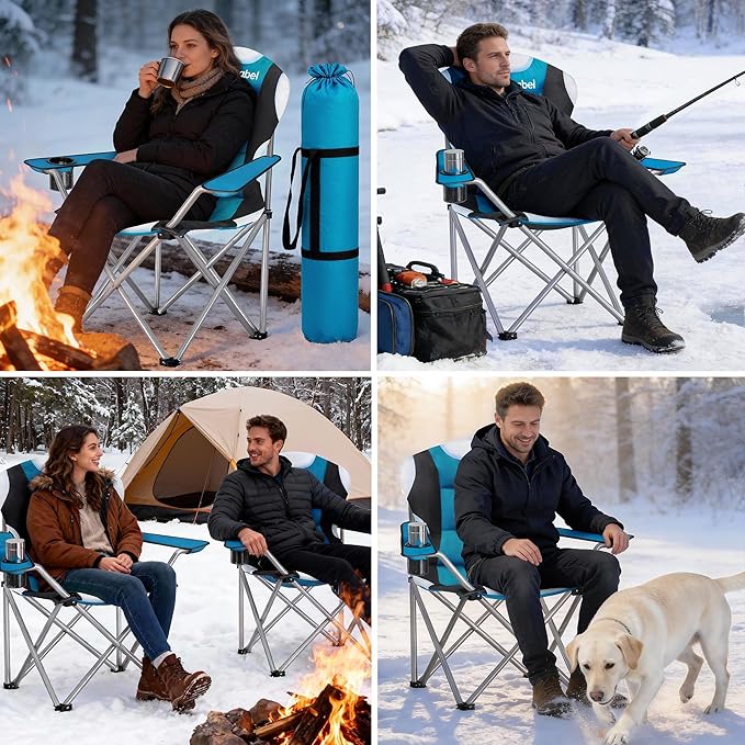 Camabel Folding Camping Chairs Oversized Heavy Duty Padded 400 LBS Beach Chair Portable Outdoor Lawn Chairs with Cup Holder Carry Bag for Sporting Hiking Picnics Fishing Deep Lake Blue
