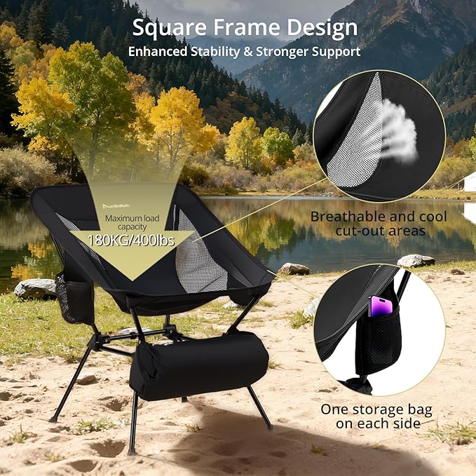 Anbte Extra Height &amp Width Portable Camping Chair 400LBS Capacity Compact Folding Chair with Square Frame Quick Setup Storage Bags on Both Sides Ideal for Camping Hiking Beach Picnic Outdoor Bl