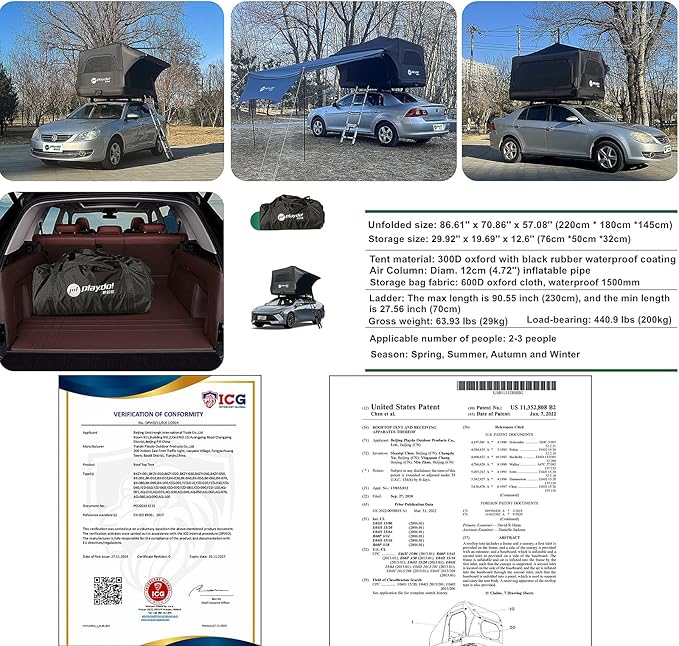 UNISTRENGH Waterproof Inflatable Car Rooftop Tent Lightweight Portable Family Outdoor Camping Roof Top Tent for SUV Jeep Cars