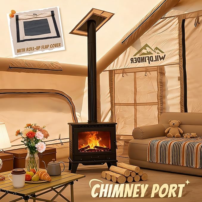 Inflatable Tent with Skylight Quick Setup Blow Up Tents with Pump Hot Tent with Stove Jack Waterproof Oxford Inflatable House for Camping Air Glamping Tents for Camping Adult 4-6 Person