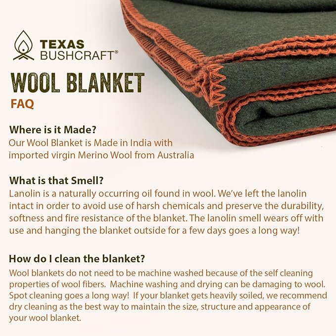 Texas Bushcraft Merino Wool Blanket for Camping Hiking and Backpacking - Water and Fire Resistant Camp Car Blanket Fast-Warming and Durable With Double-Stitched Edging (66 x 90)