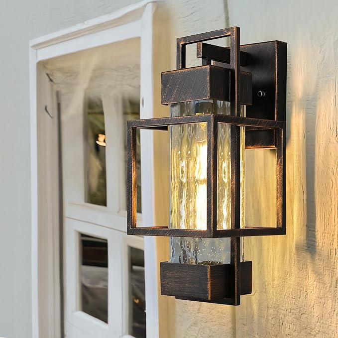 PARTPHONER Modern Outdoor Light Fixture Dusk to Dawn Outdoor Lighting 15 H Exterior Wall Sconce Waterproof Porch Light Outside Light for House with Water Glass for Garage Doorway Black Brushed Gold