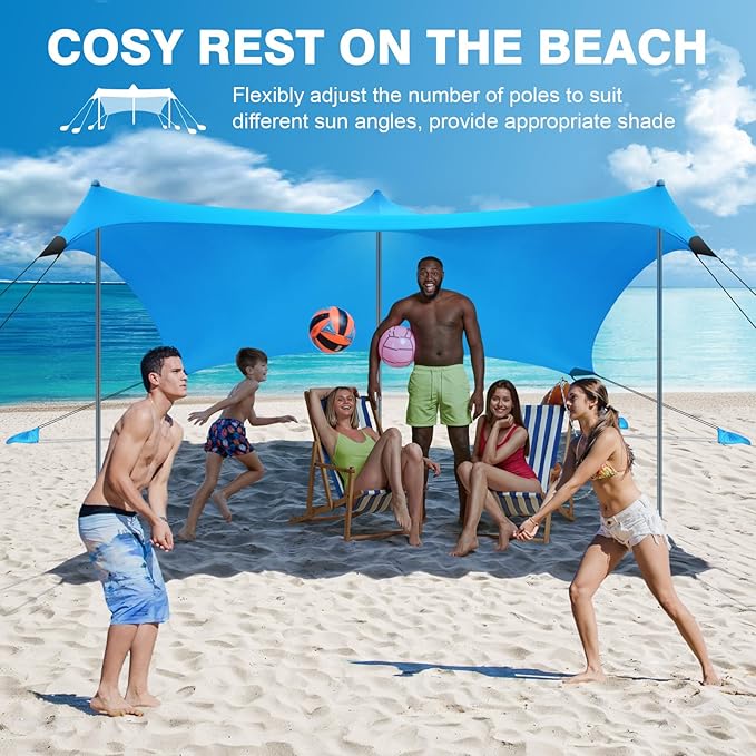 Rhino Valley Beach Tent Shade Canopy UPF50+ Protection 8 Sandbags 4 Stability Poles Outdoor Sun Shelter Umbrella for Sand Camping Fishing Essentials