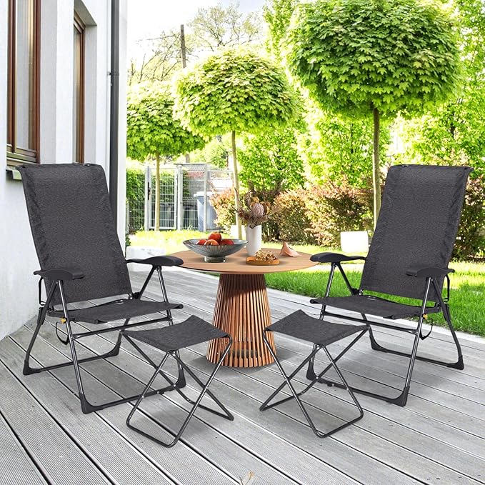 GYMAX Folding Camping Chair Patio Recline Chair with Ottomans with 7-Level Adjustable Backrest &amp Back Pocket Foldable Portable Lounge Chair with Stools for Backyard Outdoor/Indoor (2 Grey)