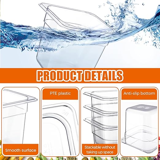 Rtteri 22 Pcs 1/6 Size Clear Plastic Pans Set: 16 Food Prep Containers &amp 2 Tongs &amp 4 Spoons for Salad Bar Buffet Restaurant Hotel Commercial Home for Fruit Vegetable Sauce Bean Corn Deli(6 Inc