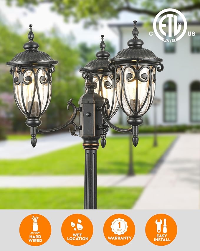 VIANIS Outdoor Lamp Post Light with Outlet Dusk to Dawn Black Light Lamp Posts for Outside with 3 Head Waterproof Post Lights Outdoor for House Doorway Driveway Anti-Rust