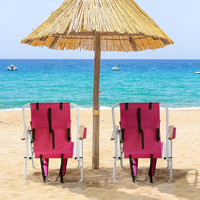 Backpack Beach Chair 4 Position Folding Reclining Lounge Heavy Duty Steel Frame 330 lbs Capacity &amp Wooden Armrests Set of 2 23x21.7x31.5 Pink