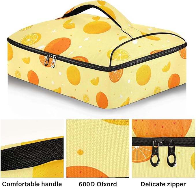 Casserole Carrier Pattern Oranges and LemonsInsulated Casserole Carrier for Hot or Cold Food Thermal Lunch Tote for Potluck Parties Picnic Beach Fits 9 x 13 Inches Baking Dish