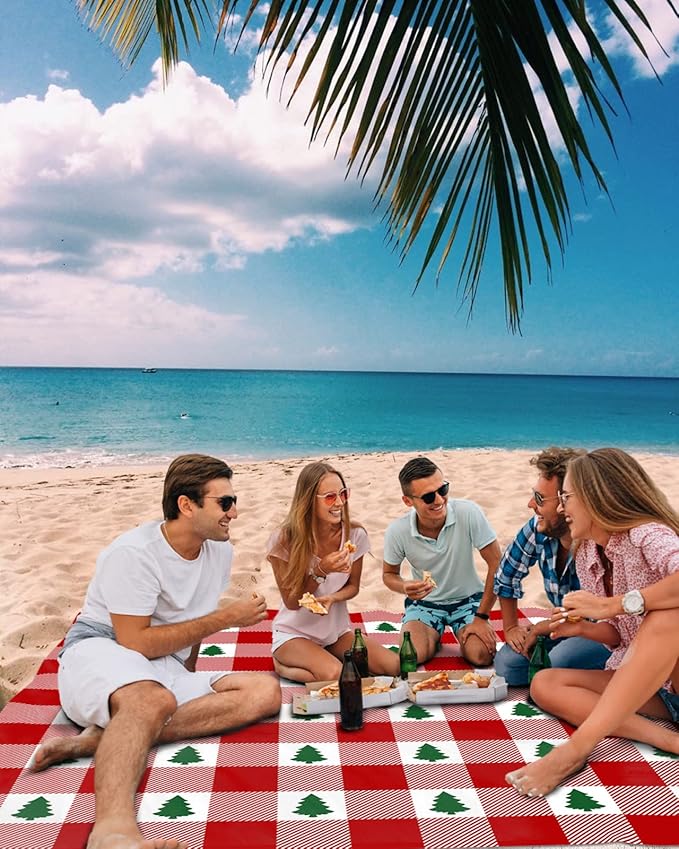 Beach Blanket Waterproof Sandproof OversizedMerry Christmas Green Trees Seamless Beach Mat with Corner Stakes Sand PocketsRed Buffalo Plaid Outdoor Picnic Mat for Travel Camping Hiking 83x79In