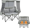 Double Camping Chair with Canopy Shade Oversized Folding Loveseat with Roof 660lbs Heavy Duty Outdoor Lawn Chair with Holders Pocket for Camping Fishing (Heating Zones for Cool Evenings)(Gray Plaid)