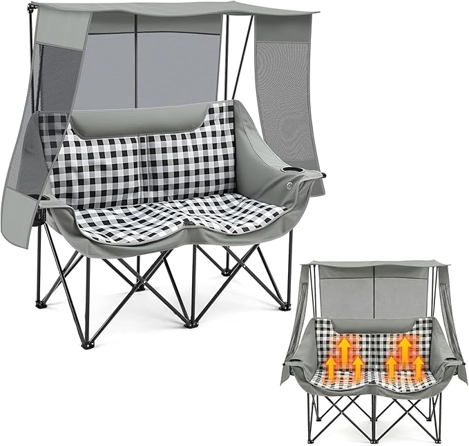 Double Camping Chair with Canopy Shade Oversized Folding Loveseat with Roof 660lbs Heavy Duty Outdoor Lawn Chair with Holders Pocket for Camping Fishing (Heating Zones for Cool Evenings)(Gray Plaid)