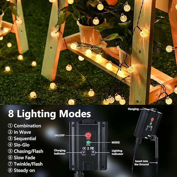 Joomer Solar String Lights Outdoor 65FT 100LED Globe String Lights 8 Lighting Modes Waterproof Solar Powered Patio Light for Garden Yard Porch Wedding Party Outdoor Decor (Warm White)