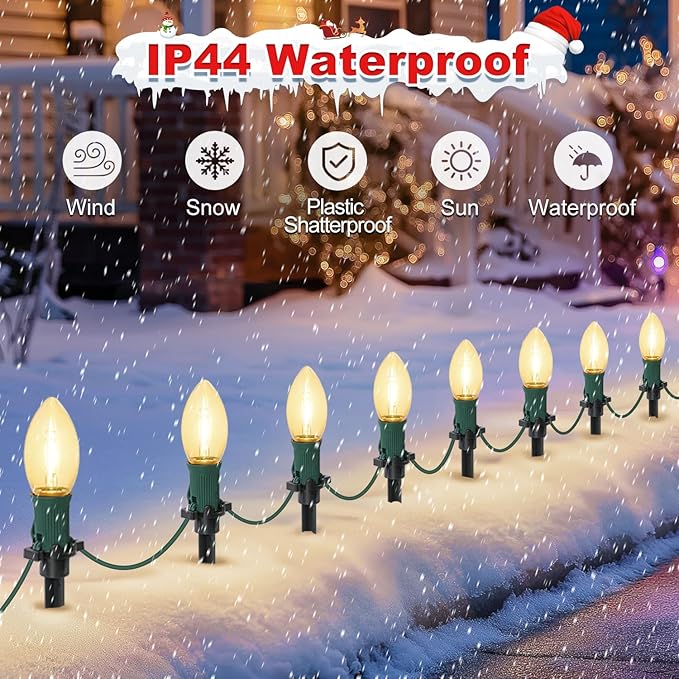 USOKYO 30Ft C9 Led 20 Bulbs Christmas Pathway Lights Outdoor Warm White Led Bulbs Waterproof Connectable Christmas Walkway Lights with Stakes for Yard Lawn Sidewalk Driveway Christmas Decorations