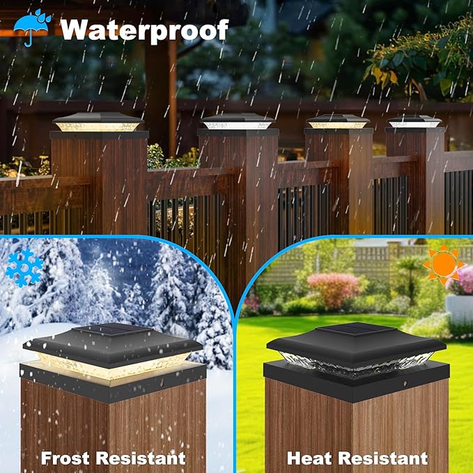 12 Pack Solar Post Cap Lights Outdoor 2 Modes (Warm/White Light) Black Fence Post Solar Powered Lights Waterproof for 5x5 5.5x5.5 6x6 Wooden/Vinyl Posts Decorate Garden Deck Patio Porch