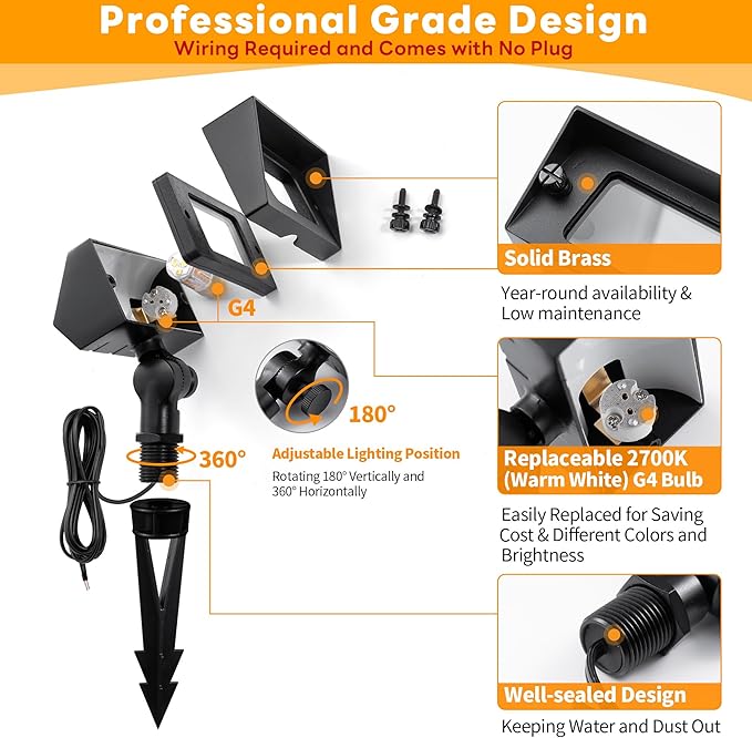 Gardenreet Low Voltage LED Flood Light - Solid Brass 12V Wall Wash Light Outdoor Landscape Hardwired IP65 Waterproof Wide Beam Black for Yard Tree House with 2700K Warm White 3W 270LM G4 Bulb 4 Pack