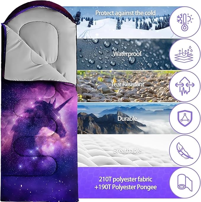 Sleeping Bags for Adults Youth Kids3D Printing Camping Sleeping Bag for Girls Boys Lightweight Waterproof Cold/Warm Weather Sleeping Bag for 3 Seasons
