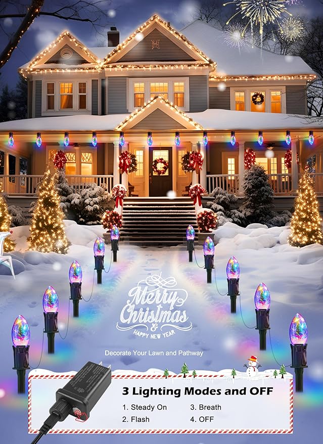 C9 Christmas Pathway Lights Outdoor 25Ft 20 LED Christmas String Lights with Stakes 4 Light Modes Waterproof Connectable Christmas Decorations for Outside Lawn Yard Sidewalk Driveway Multicolor