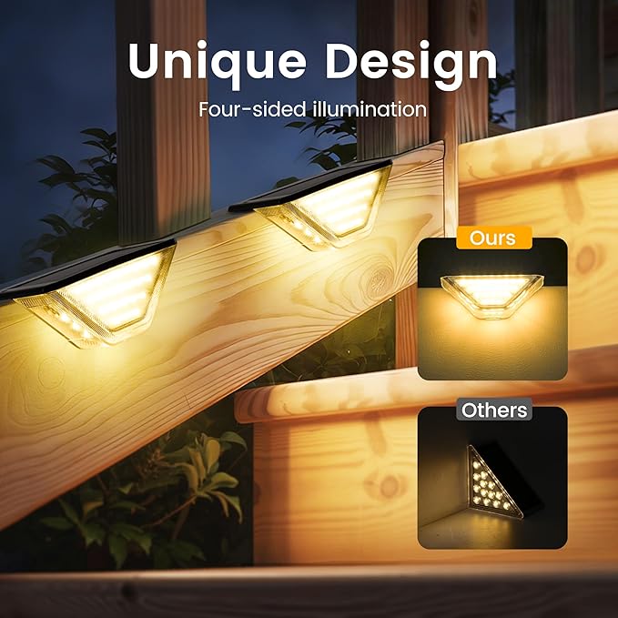 SOLPEX 16 Pack Four-Sided Illumination Solar Step Lights for Outside Solar Stair Lights Outdoor Solar Railing Lights Outdoor Waterproof with 33 LEDs for Steps Stair Deck Porch (Warm White)