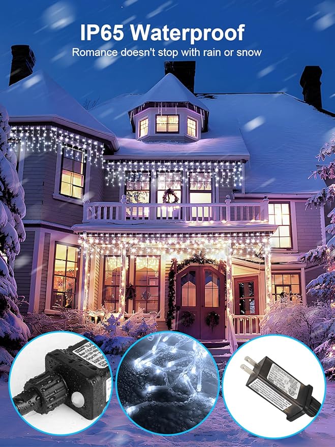 32.8FT Icicle Lights Christmas Outdoor with 400LED 75 Drops IP65 Waterproof Eaves Lights 8 Modes for Christmas Eaves Garden Room Decoration Cool White