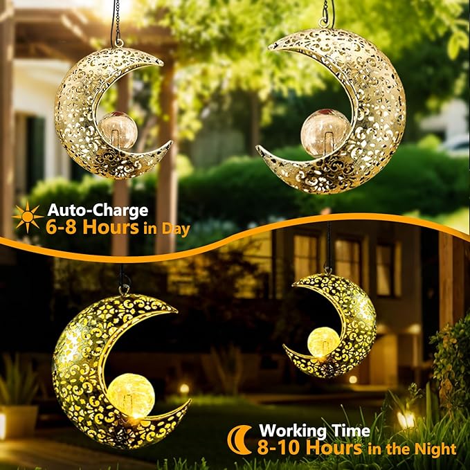 Solar Garden Hanging Moon Lights Outdoor Decor2 Pack Metal Lanterns Art Decorations for Outside Yard Lawn Patio Wall Fences Driveway TrailUnique Housewarming Gardening Gifts for Women Mom