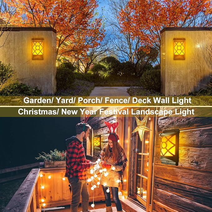 Solar Flame Lights Outdoor - Waterproof Wall Lanterns with Realistic 3D Flickering Flames 66 Ultra Bright LED Fire Effect Light - Garden Decor for Patio Fence Deck - Auto On/Off (4 Pack)