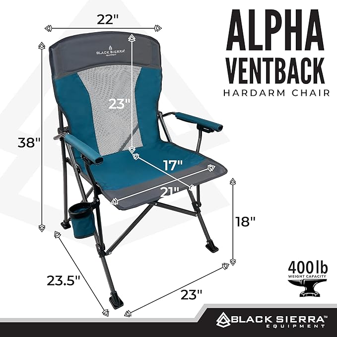 Black Sierra Camping Chair – Folding Portable Lawn &amp Beach Chair with Padded Hard Armrest Mesh Vented Back Spacious Cup Holder Carry Bag – Supports 300 lbs for Sports