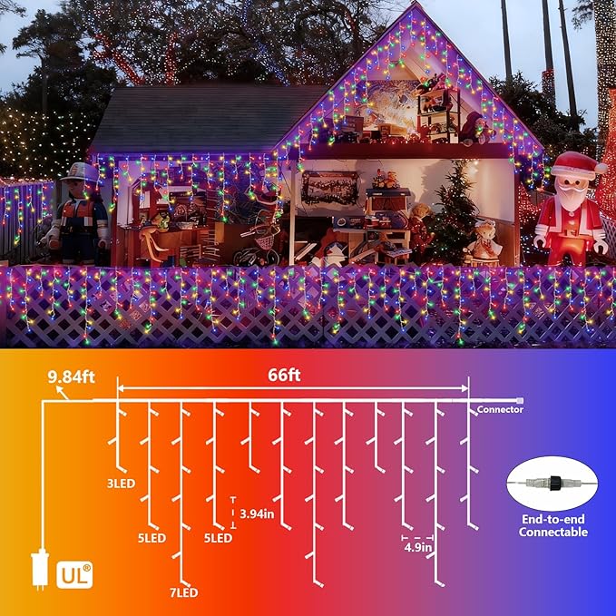 YEGUO 66ft 800 LED Christmas Lights Outdoor Waterproof 160 Drops Christmas Icicle Light Indoor 8 Modes Icicle Xmas Lights with Memory Timer(Multicolor)