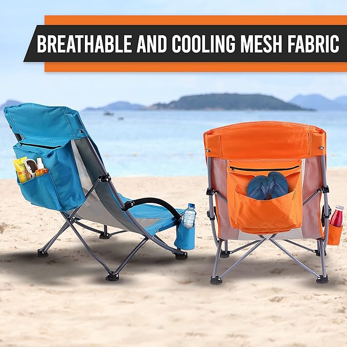 Nice C Compact High Back Beach Chair for Adults w/ Cooler Cup Holder &amp Carry Bag - Heavy Duty for Outdoor Camping BBQ Travel Picnic Festival (One Blue)
