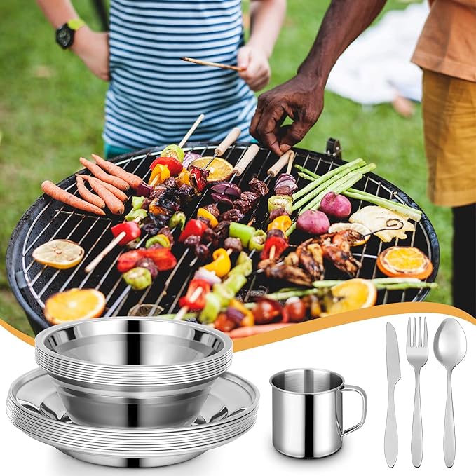 58 Pcs Camping Plates Cups and Bowls Set Stainless Steel Dishes Mess Kit Utensils Tableware with Spoons Forks Knives Storage Bags for 8 Person Outdoor Camping Backpacking Hiking Travel Picnic