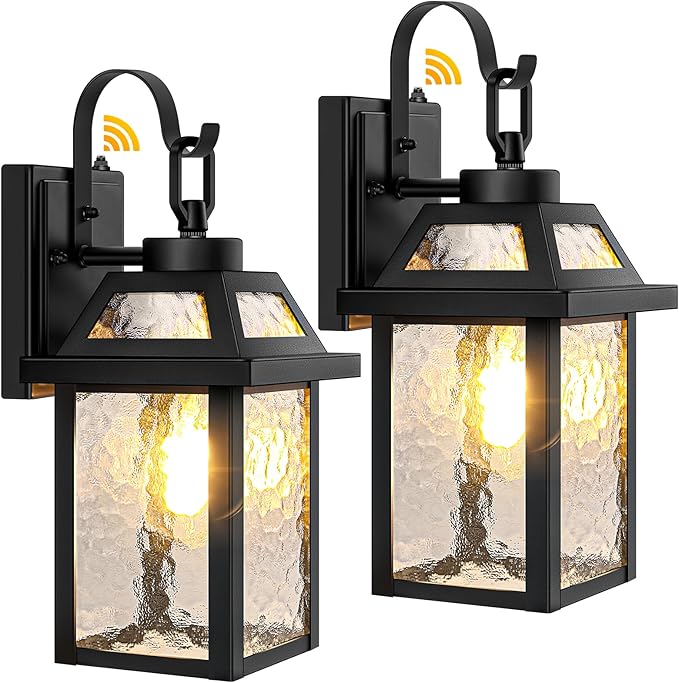 BesLowe Dusk to Dawn Outdoor Wall Lights Exterior Lighting Fixtures Wall Mount Porch Lights Outdoor Wall Sconces with Water Ripple Glass Outside Lights for House Front Door Garage 2-Pack