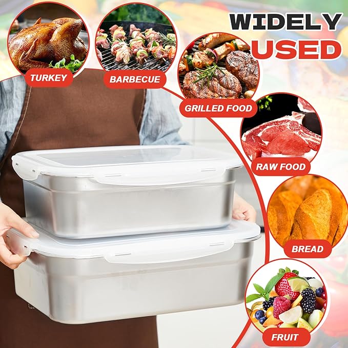 2pcs Large Stainless Steel Marinating Containers with Lids Food Storage Containers for Refrigerator Leak-proof &amp Stackable for Meal PrepTurkey Meat Bacon (389oz/11.5l + 284oz/8.4l)