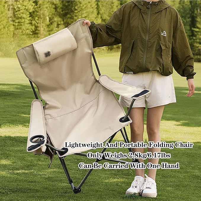 Folding Camping Chair with Armrests Portable Outdoor Lawn Chair with Detachable Headrest Lightweight Fishing Chair for Picnic Beach Lawn Balcony(Khakiwith Footstool)